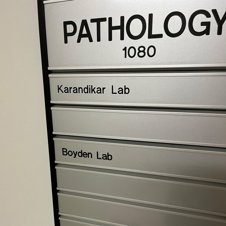 Signage outside of the lab that reads "Pathology 1080, Karandikar Lab, Boyden Lab"