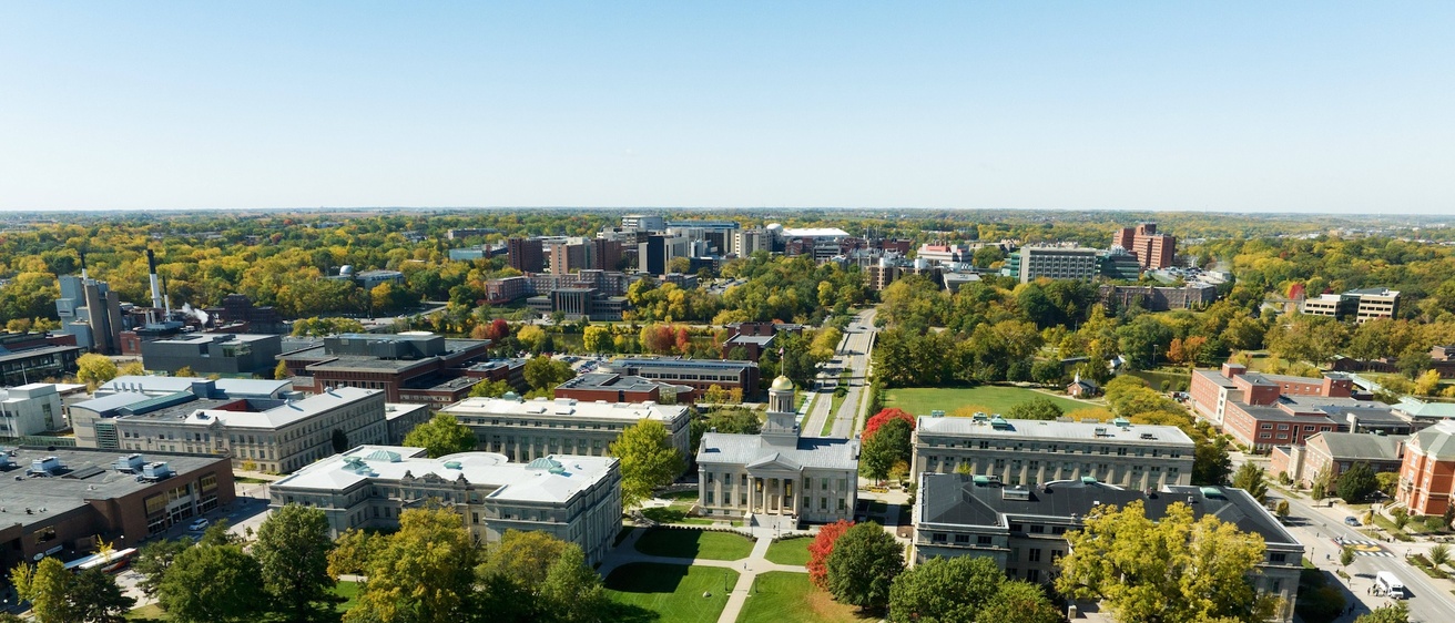Iowa City skyline during the day, featuring the Old Capitol building
